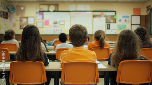 Elementary school students sitting at desks in classroom