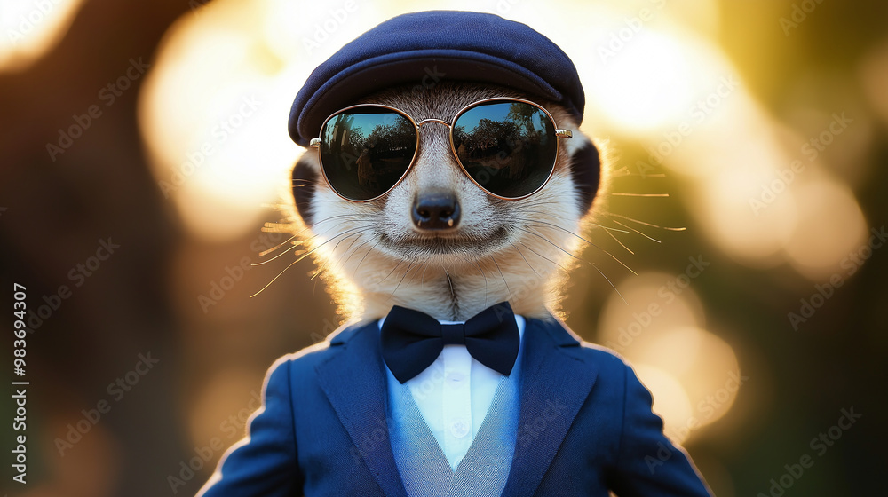 Suricate wearing a suit, sunglasses and a cap is posing outside Suricate wearing a suit, sunglasses and a cap is posing outside
