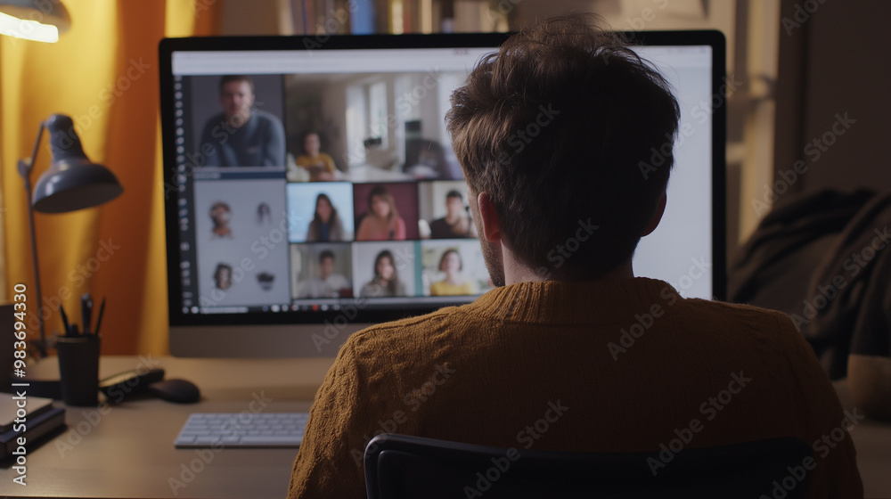 Fototapeta premium Freelancer working from home having group video call on desktop computer