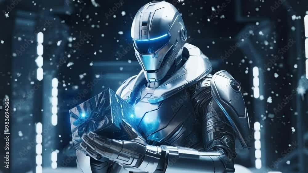 Futuristic space marine in silver armor holding a glowing blue gift box, snow falling in the background of a city street Futuristic space marine in silver armor holding a glowing blue gift box, snow falling in the background of a city street