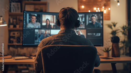 Video editor working from home having video call with colleagues on computer