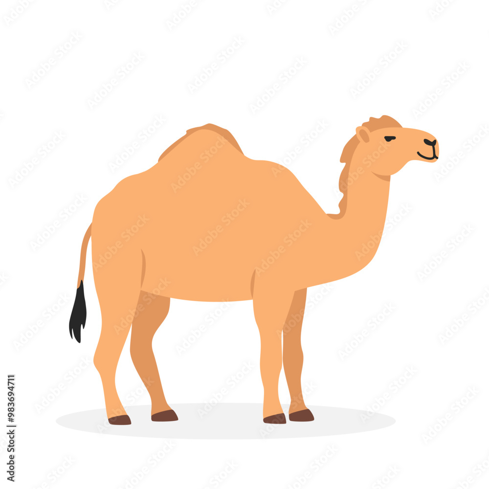 Dromedary camel simple vector illustration. One-humped camel cartoon clipart, animal in flat style. Farm animals concept, rural farming. Livestock desert animal camel vector design isolated on white Dromedary camel simple vector illustration. One-humped camel cartoon clipart, animal in flat style. Farm animals concept, rural farming. Livestock desert animal camel vector design isolated on white