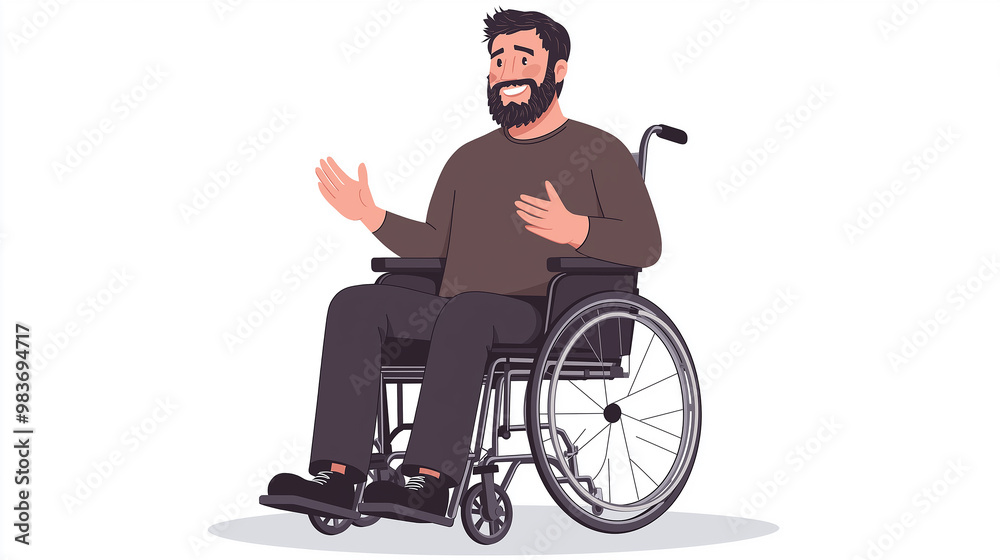Smiling bearded man using wheelchair gesturing with hands