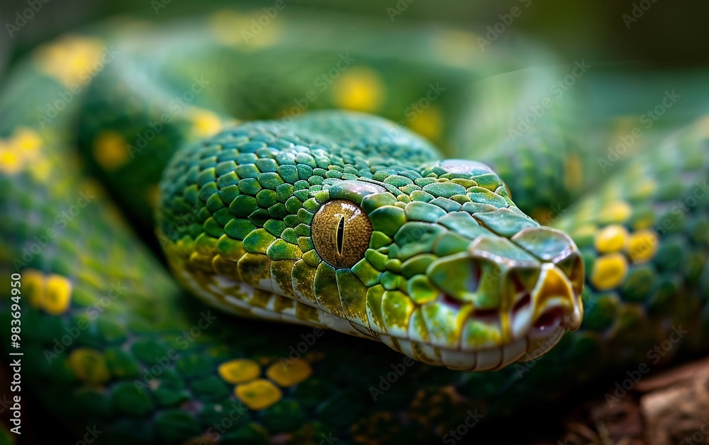 Close-up wildlife photograph of an emerald boa constrictor, showcasing its vibrant green scales and natural habitat, perfect for nature and reptile themes.
