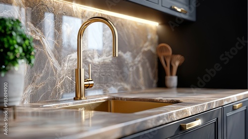 luxury kitchen sink with a gold faucet and marble countertop - ai