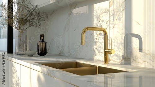 luxury kitchen sink with a gold faucet and marble countertop - ai