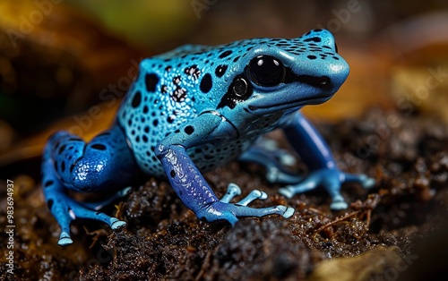 Close-up wildlife shot of a vibrant poison dart frog in its natural habitat, showcasing its vivid colors and unique patterns. 