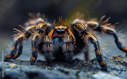 Close-up wildlife photography of a tarantula in its natural habitat, showcasing the spider's detailed features and textures in the wild.
 photo