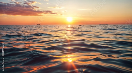 A peaceful sunset over the ocean, with soft waves reflecting the golden light and a ship visible in the distance..