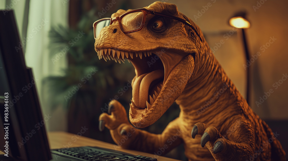 Obraz premium Angry dinosaur wearing glasses working on computer at night at home office