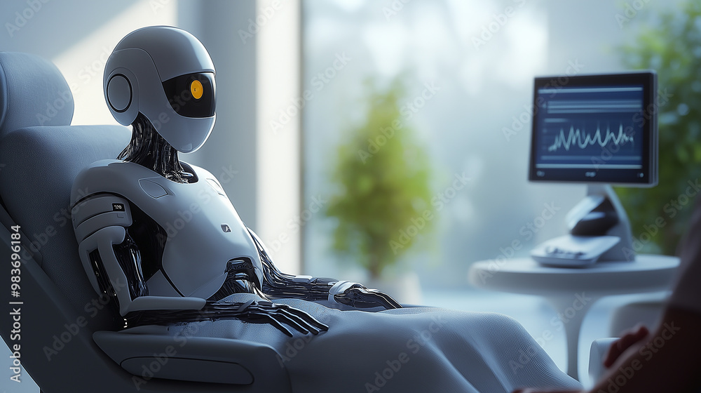 Fototapeta premium Humanoid robot sitting in hospital bed having a medical check up