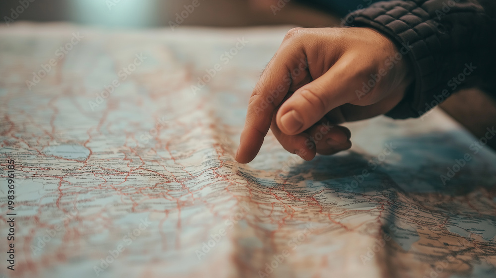 Man planning trip pointing on colorful detailed map