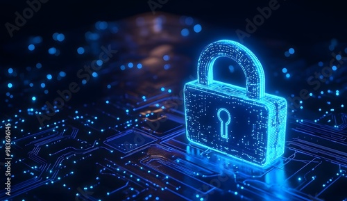 A digital illustration of an illuminated lock symbol with circuit patterns,