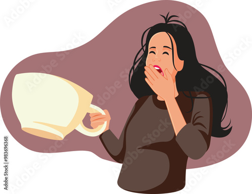 Yawning Girl Holding a Huge Cup of Coffee Vector Cartoon Illustration. Tired girl drinking caffeine beverage in the morning
