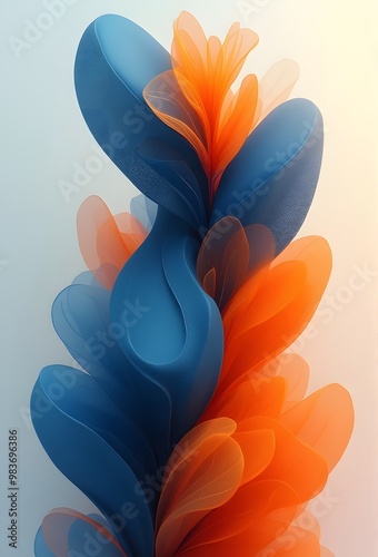 青とオレンジの流体が花のように伸びている抽象的な画像