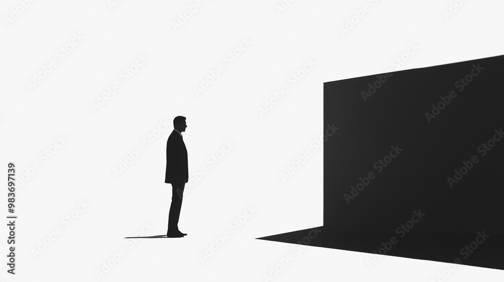 Businessman standing looking at large black wall minimal concept Businessman standing looking at large black wall minimal concept