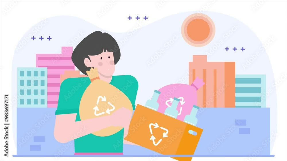 a person holding recycling bags against a colorful cityscape illustration animated video a person holding recycling bags against a colorful cityscape illustration animated video
