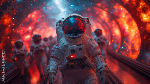 Astronaut walking through futuristic tunnel with team following behind