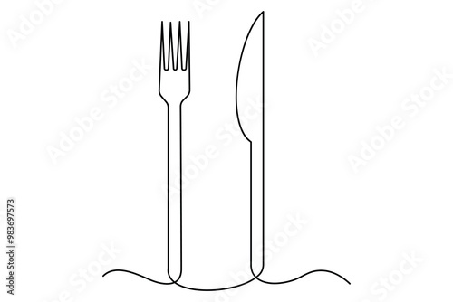 One continuous one line hand drawn plate, knife and fork Simple sketch design isolated on white background. outline Vector illustration