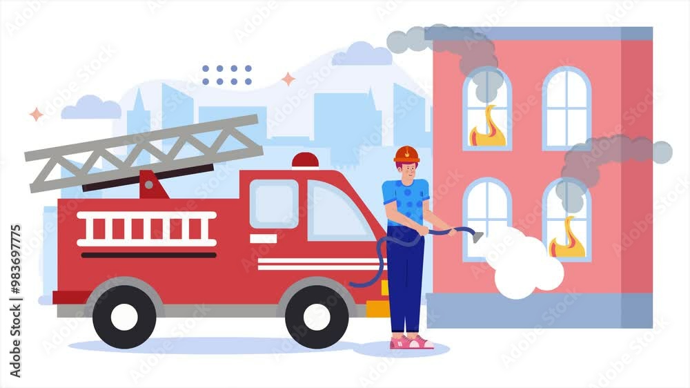 a firefighter using a hose to extinguish flames on a building illustration animated video a firefighter using a hose to extinguish flames on a building illustration animated video