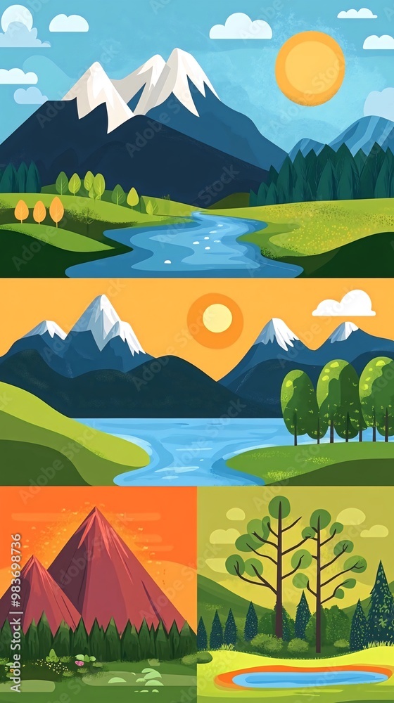 Illustration of four beautiful landscape scenes with mountains, rivers, trees and sun.