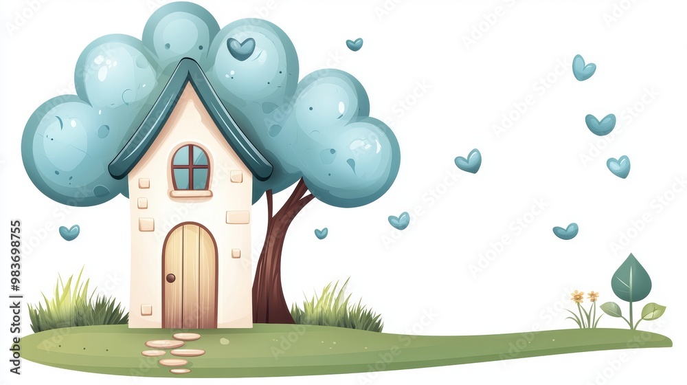 Naklejka premium Cute Cartoon Cottage With Heart Shaped Leaves