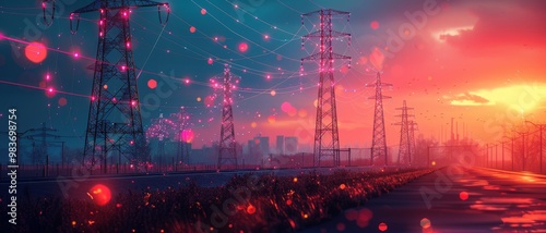 A vibrant sunset scene featuring power lines against a colorful, glowing backdrop of blues and oranges, highlighting an industrial landscape. photo