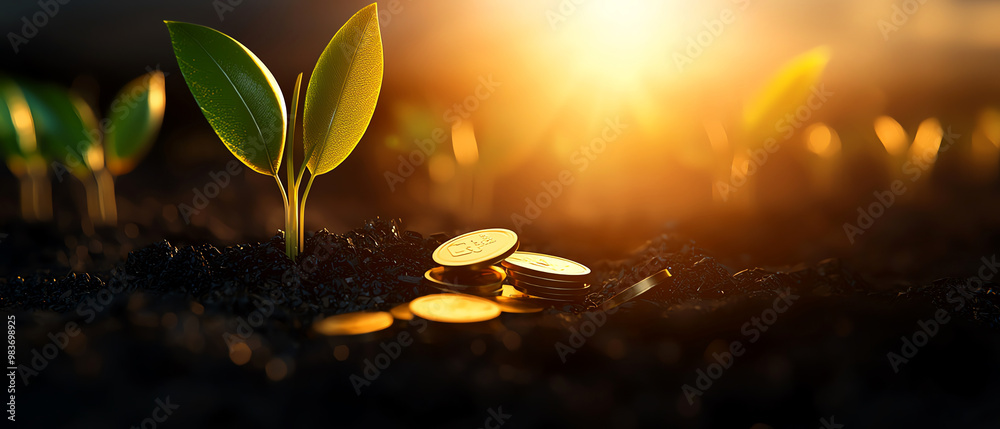 Seedling emerges from the soil with coins around it, symbolizing growth and prosperity under a golden sunset. Seedling emerges from the soil with coins around it, symbolizing growth and prosperity under a golden sunset.