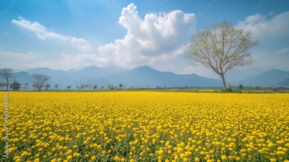 Obraz premium Golden Field with Lone Tree and Mountain Range