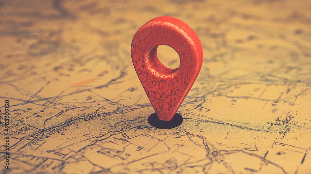 Red location pin is marking a destination on a vintage travel map Stock ...