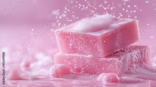 Pink soap bars foaming and splashing on pink background