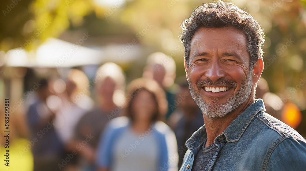 Fototapeta premium Handsome mature man smiling with friends in background