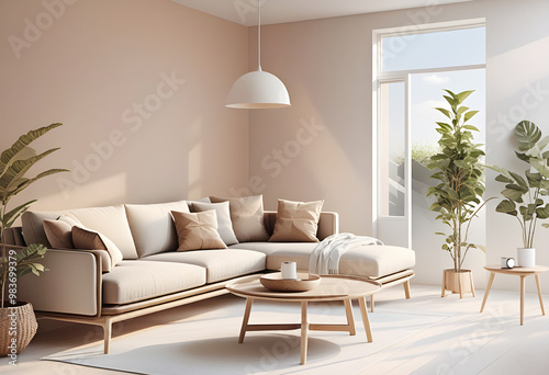 Modern Minimal clean clear contemporary living room home interior design daylight background,beige white sofa couch in living room daylight from window freshness moment mock up interior