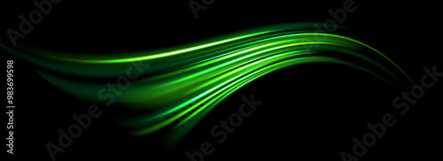 Glowing neon light trail element. Bright green speed line wave. Magic luminous curved path concept. Abstract bent dynamic motion stripes. Shiny flowing streaks for poster, banner, flyer. Vector