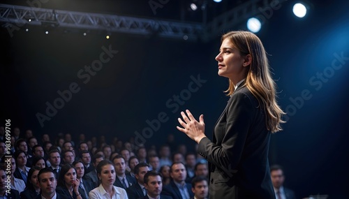 A businesswoman giving a keynote speech on a stage at a major corporate event, with a large audience and professional lighting, business people communication
