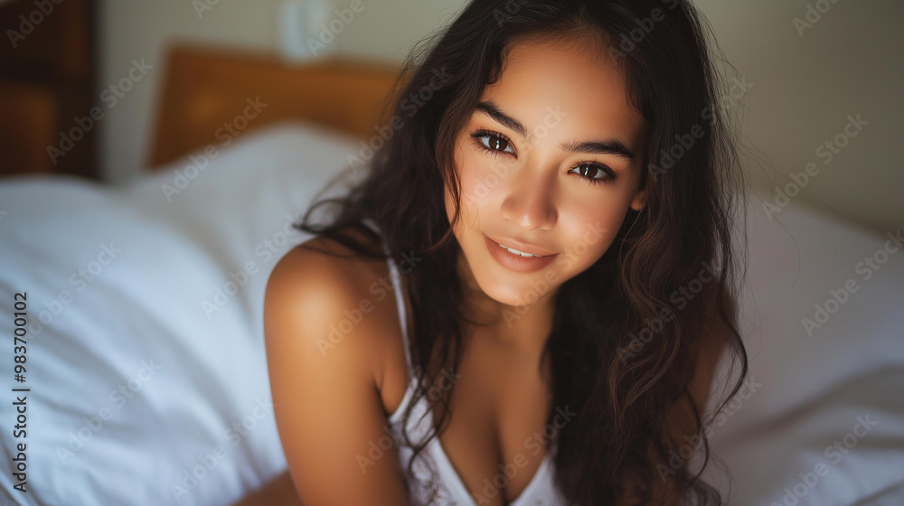 Beautiful latin woman smiling while relaxing in bed Beautiful latin woman smiling while relaxing in bed