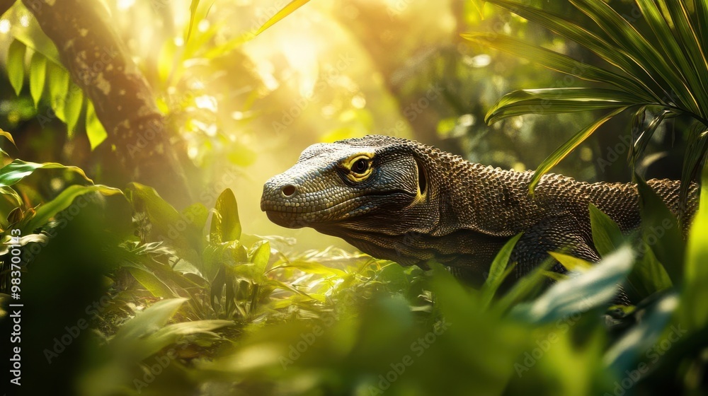A vibrant image of a Komodo Dragon moving through the lush undergrowth of a tropical forest