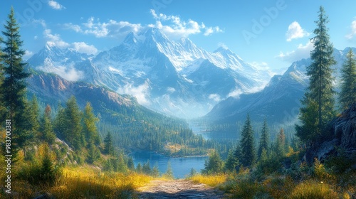 Serene mountain landscape with a tranquil lake and lush greenery.