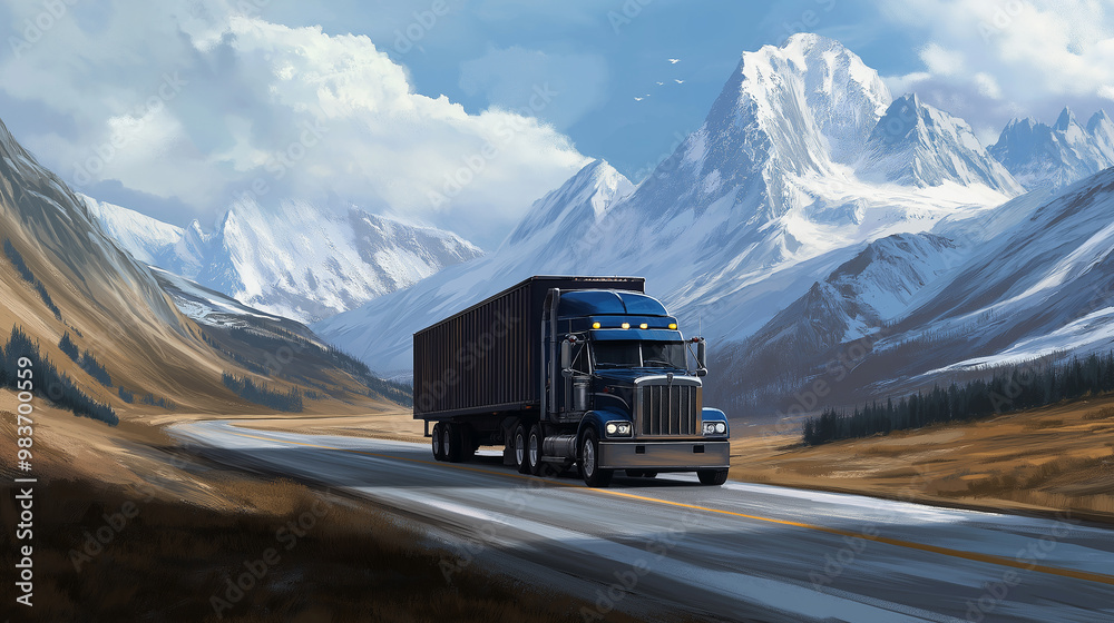 Obraz premium Semi-trailer truck driving on a mountain road with snowy peaks in the background