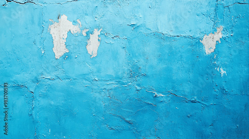 Vibrant blue wall with peeling paint in an urban environment during daylight hours