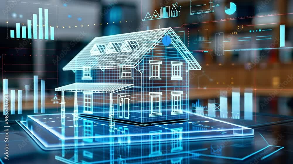 A 3D model of a house is showcased with various data analytics and graphs projected on a screen in a contemporary office environment, suggesting advanced technology use.