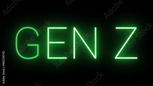 Flickering neon green glowing gen z sign animated black background.