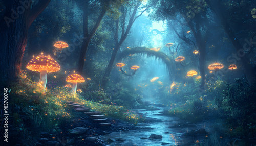 A mystical forest with glowing mushrooms, winding rivers, and floating islands, creating a magical and otherworldly feel