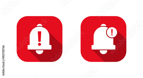 Warning notification bell icon on red square. Exclamation mark on bells