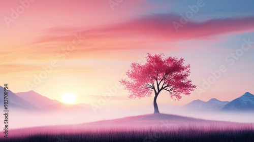 Solitary Tree in a Misty Mountain Landscape at Sunrise