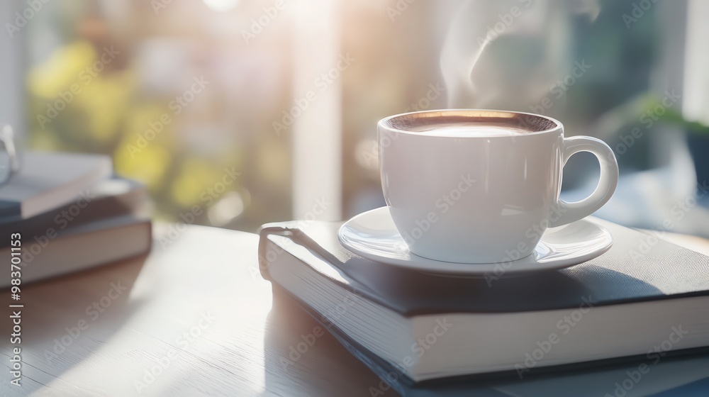 A steaming cup of coffee rests on a stack of books by a window with sunlight streaming in, creating a cozy and inviting atmosphere. A steaming cup of coffee rests on a stack of books by a window with sunlight streaming in, creating a cozy and inviting atmosphere.