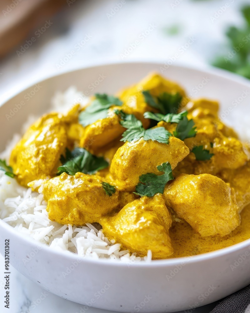 A bowl of chicken curry served over rice, garnished with fresh herbs. A bowl of chicken curry served over rice, garnished with fresh herbs.