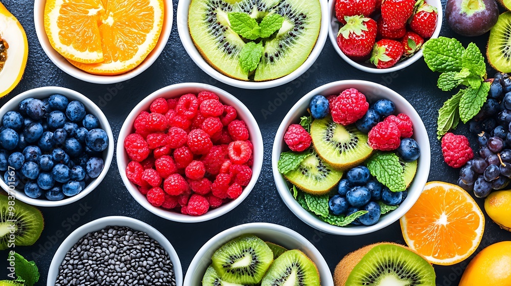 Colorful Variety of Fresh Fruits and Superfoods in Bowls – Healthy, Organic, and Nutrient-Rich Diet Colorful Variety of Fresh Fruits and Superfoods in Bowls – Healthy, Organic, and Nutrient-Rich Diet