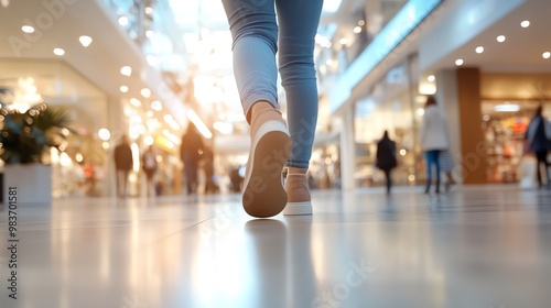 Close-up of a person's feet walking inside a modern shopping mall with blurred shoppers and bright lights in the background.