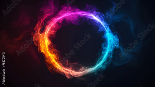 Abstract and glowing colorful smoke circle swirl on dark background. Seamless and infinite looping video animated background.